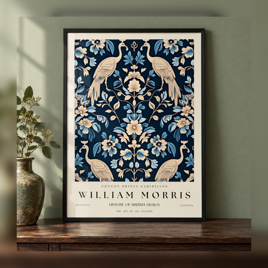 William Morris Ivory Peacocks Blue Botanical Art Print in black frame, fully visible square-safe mockup