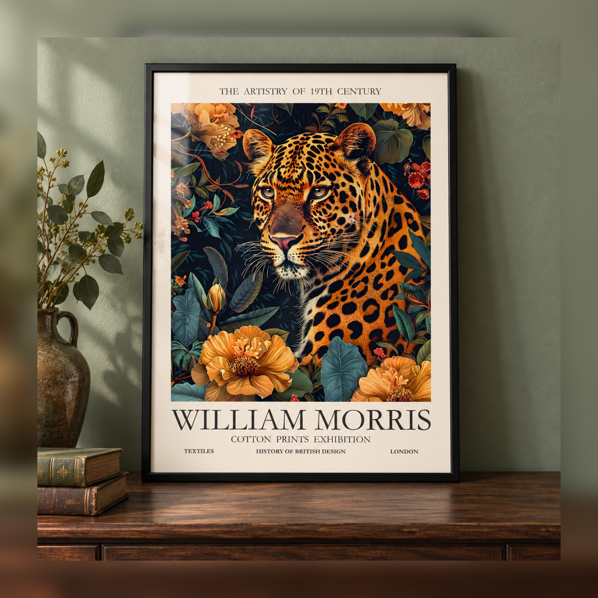 William Morris Leopard in the Golden Garden Art Print in black frame, fully visible square-safe mockup