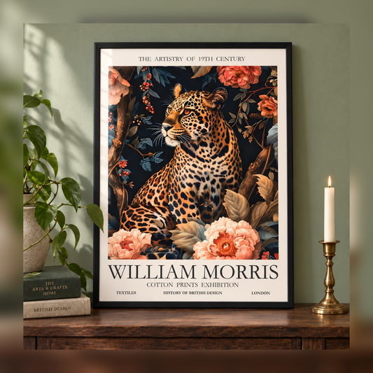 William Morris Leopard in the Midnight Garden Art Print in black frame, fully visible square-safe mockup