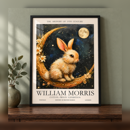 William Morris Moon Rabbit Art Print in black frame, fully visible square-safe mockup