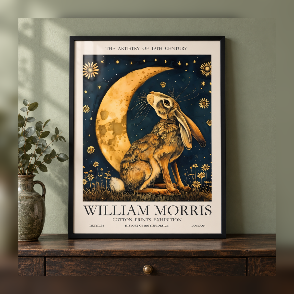 William Morris Moonlit Hare Art Print in black frame, fully visible square-safe mockup