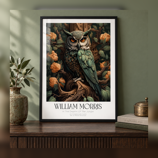 William Morris Owl in the Jungle Art Print in black frame, fully visible square-safe mockup