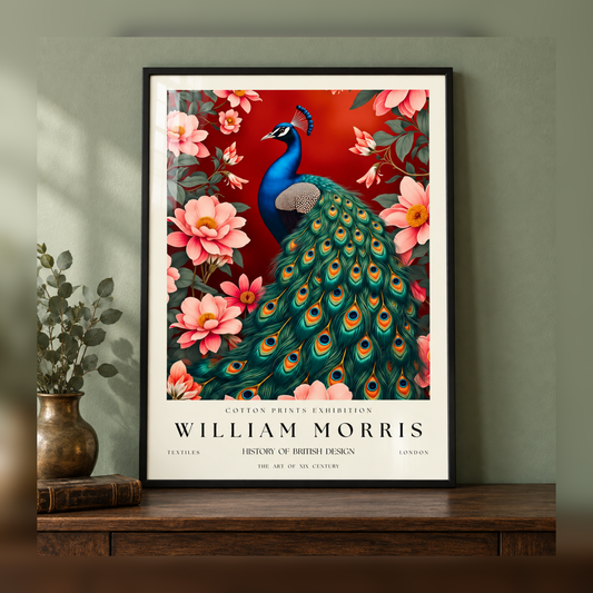 William Morris Peacock Among Pink Blossoms Art Print in black frame, fully visible square-safe mockup