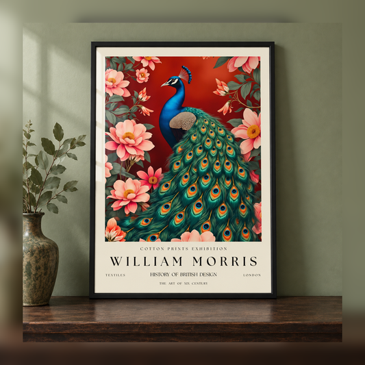 William Morris Peacock in a Crimson Garden Art Print in black frame, fully visible square-safe mockup