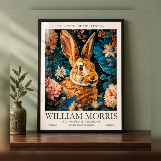 William Morris Rabbit in the Floral Garden Art Print in black frame, fully visible square-safe mockup