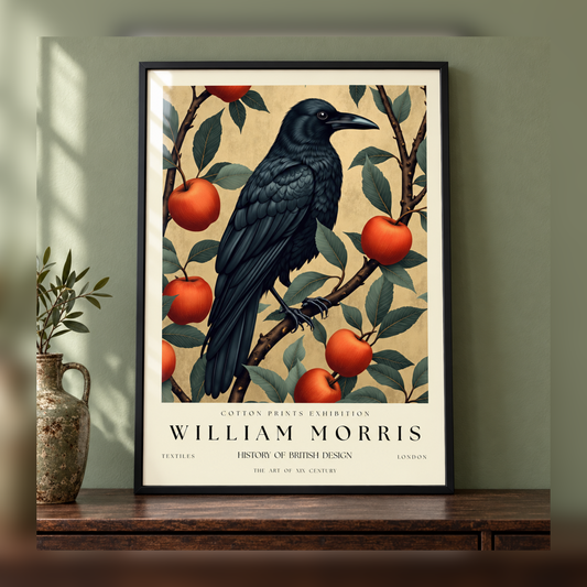 William Morris Raven and Apple Tree Art Print in black frame, fully visible square-safe mockup