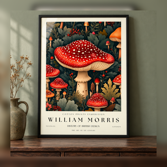 William Morris Scarlet Toadstool Woodland Art Print in black frame, fully visible square-safe mockup