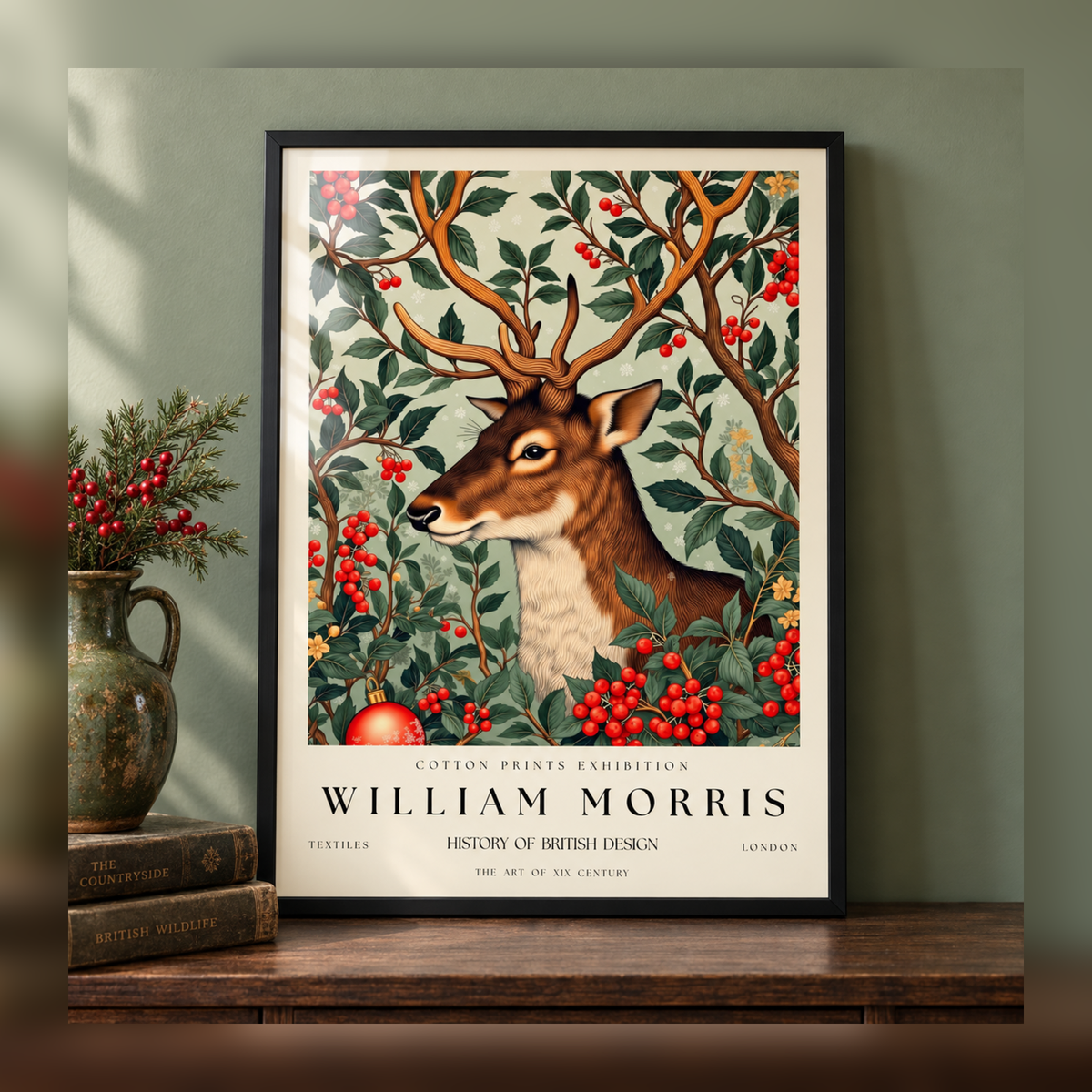 William Morris Stag Among Winter Berries Art Print in black frame, fully visible square-safe mockup