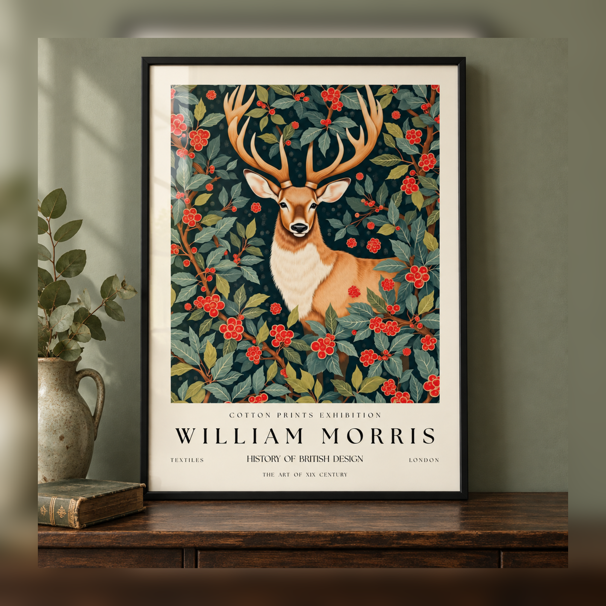 William Morris Stag and Scarlet Berries Art Print in black frame, fully visible square-safe mockup