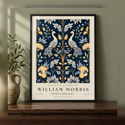 William Morris Twin White Peacocks Floral Art Print in black frame, fully visible square-safe mockup