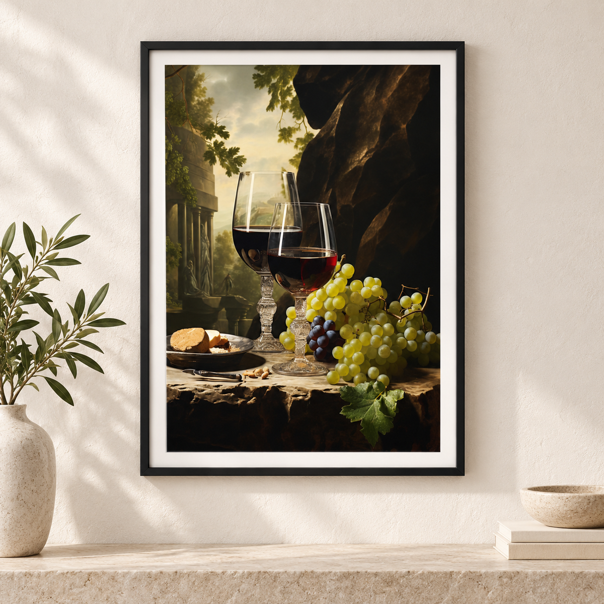 Wine and Grapes Still Life art print in a slim black frame