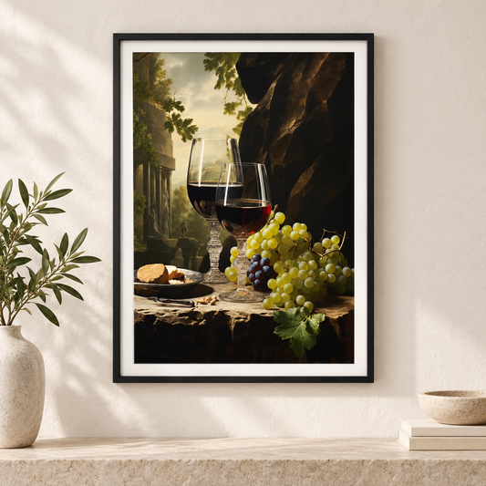 Wine and Grapes Still Life art print in a slim black frame