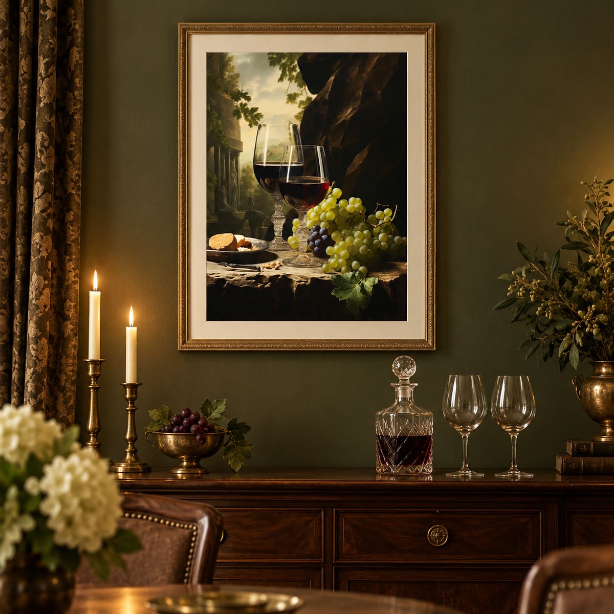 Wine and Grapes Still Life framed art print in an old-world dining room
