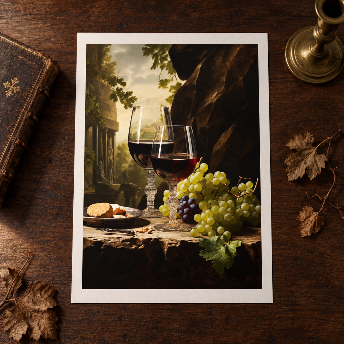 Wine and Grapes Still Life unframed art print on a dark walnut surface