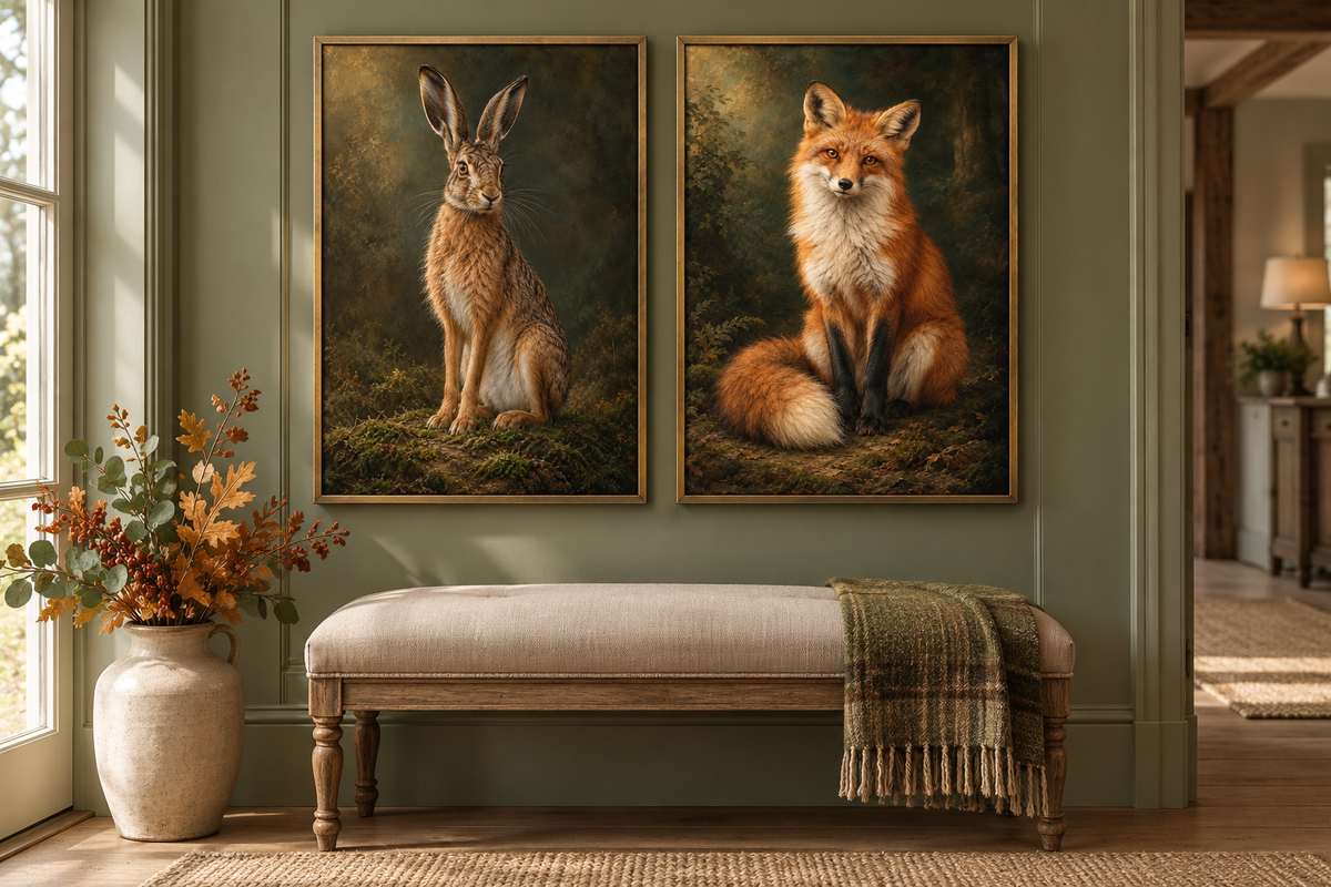 Woodland Companions – Hare, Fox art prints framed side by side in a room