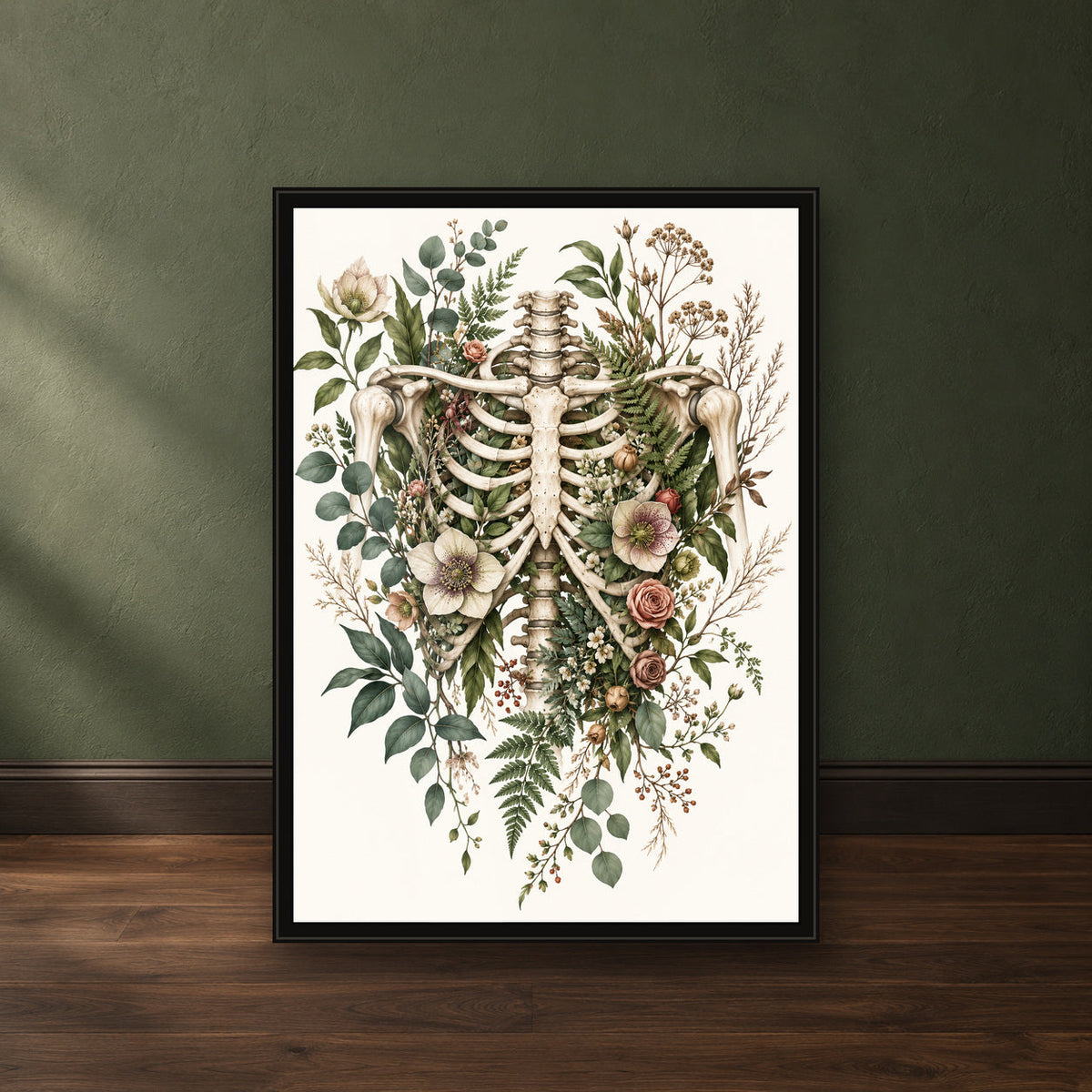 Woodland Ribcage Botanical Print – close-up black frame leaning against a green wall