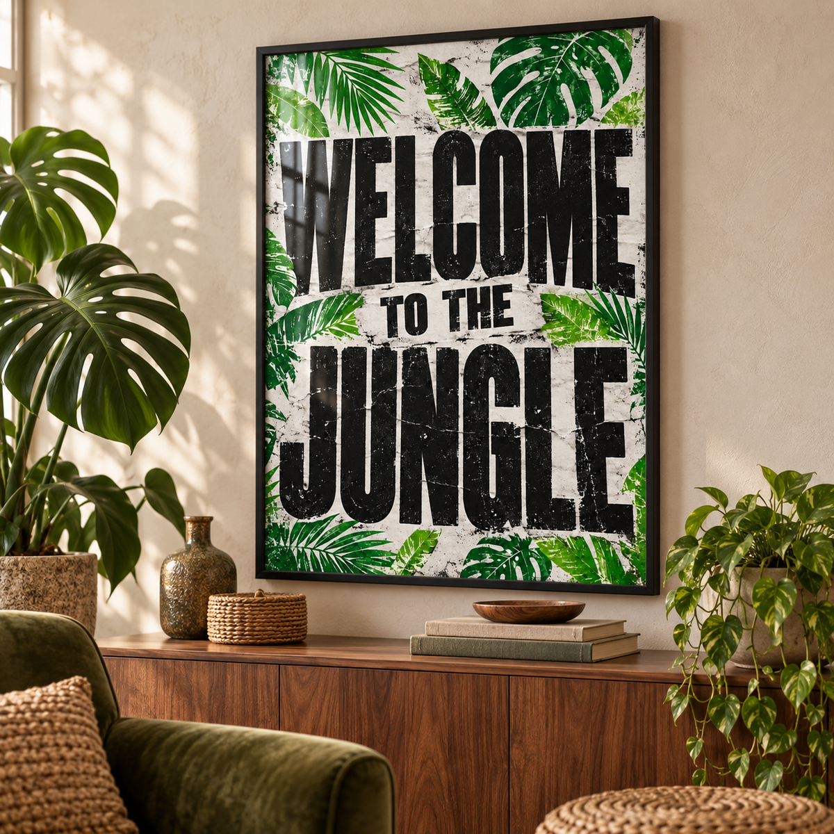 Welcome to the Jungle - Green Botanical Quote Print in black frame; frame not included