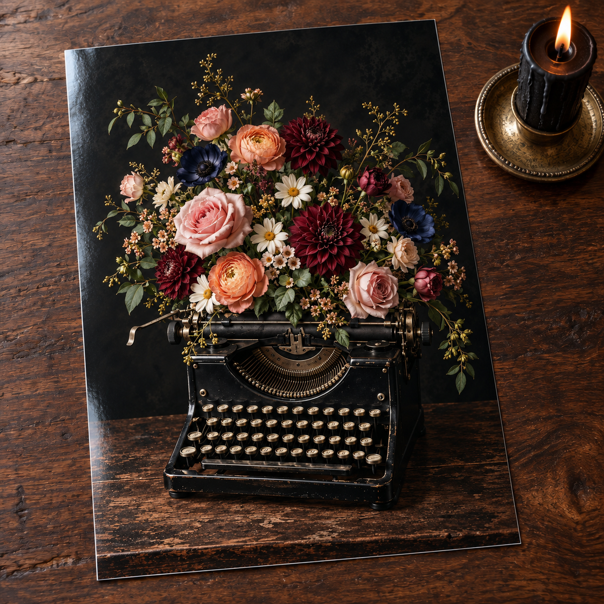Words in Bloom — unframed glossy photo card on a wooden table beside a gothic candle