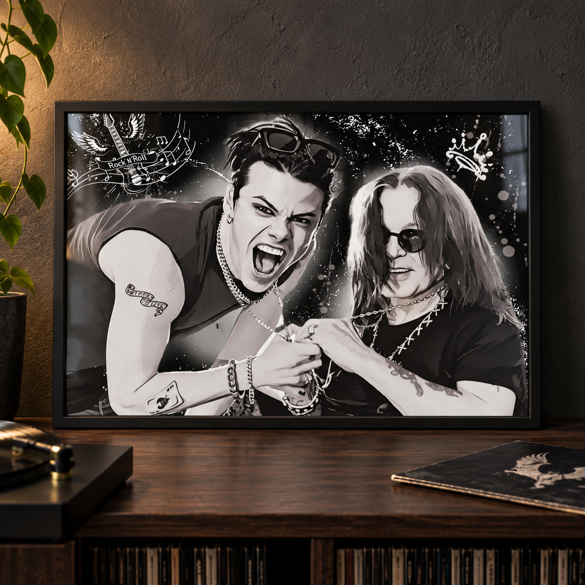 Yungblud and Ozzy Osbourne landscape music print in a black frame