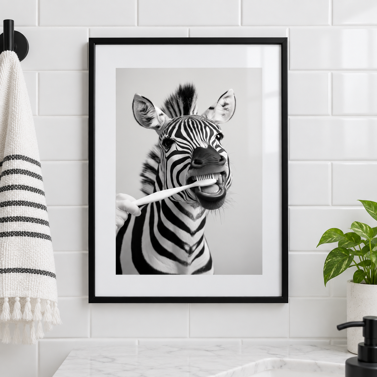 Zebra Brushing Teeth bathroom print close-up framed mockup