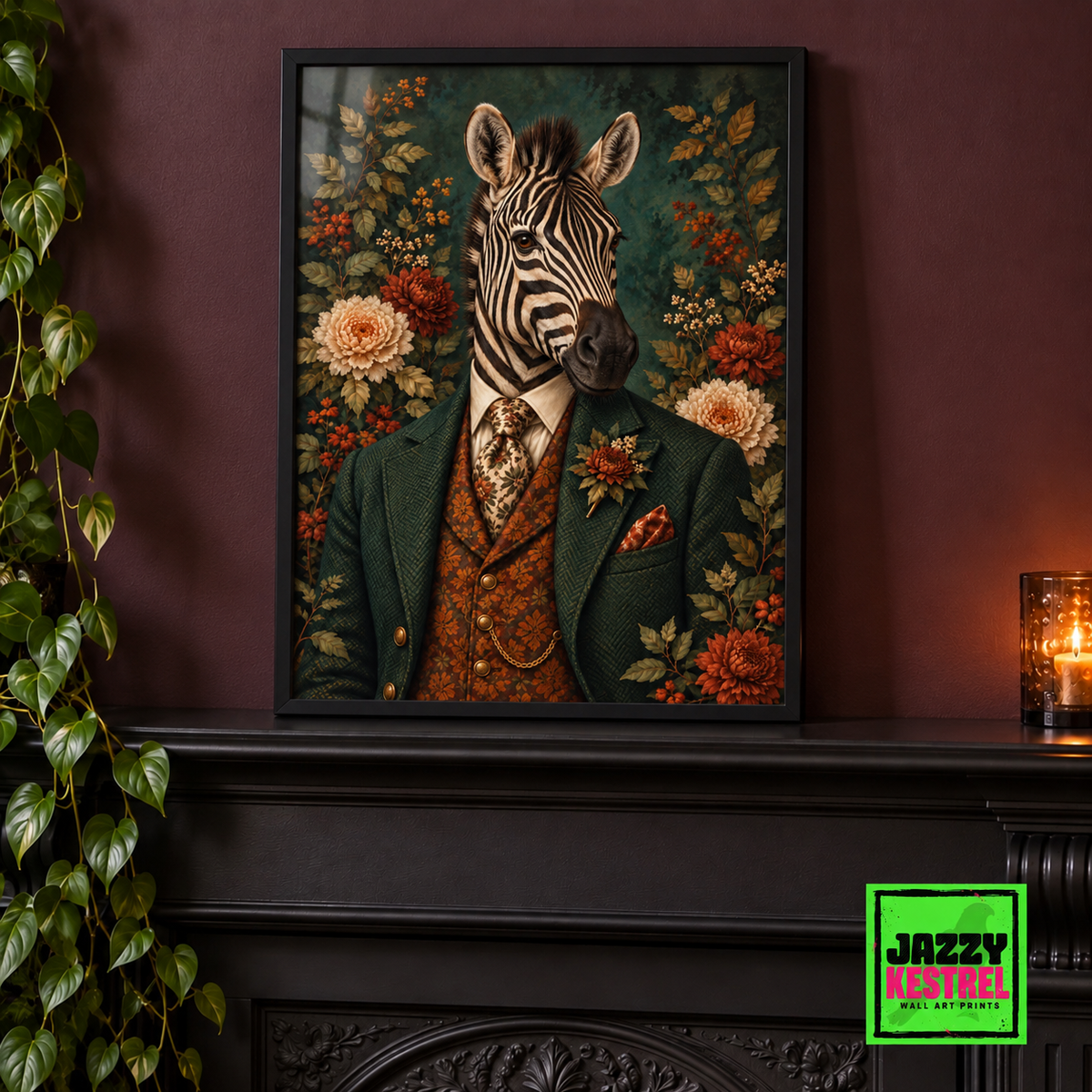 Dapper Stripes zebra botanical print in a black frame on a fireplace
