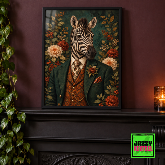 Dapper Stripes zebra botanical print in a black frame on a fireplace